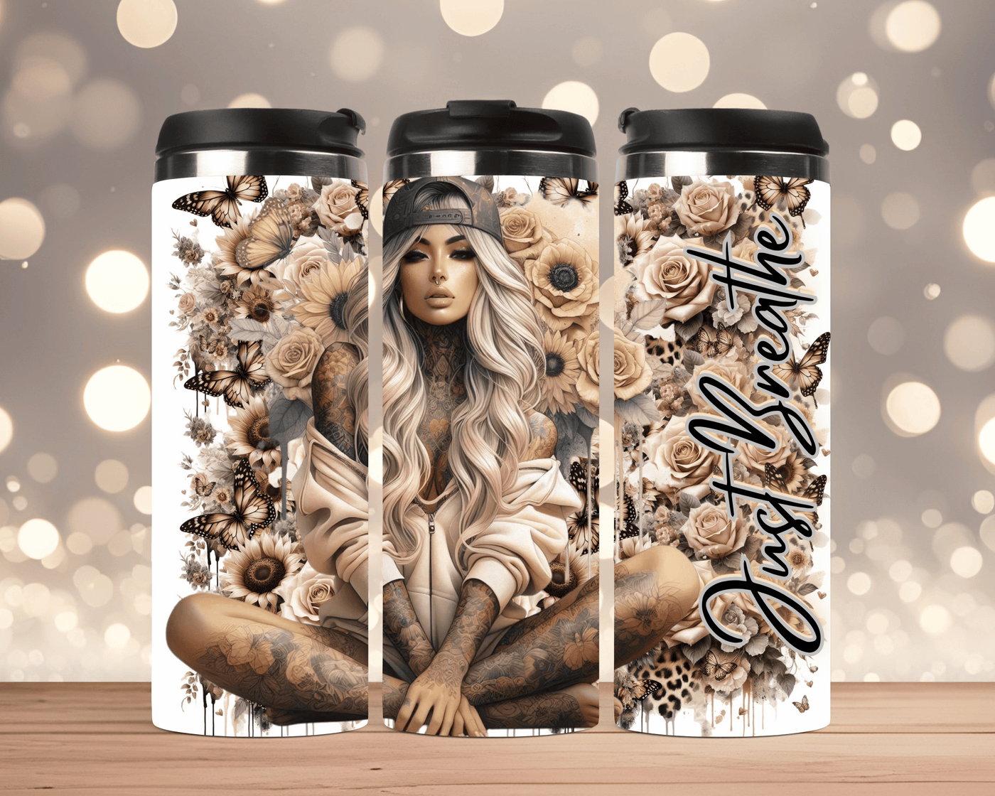 Thermobecher Tattoo Frau & Spruch „Atme einfach“ (Edelstahl, 340 ml)