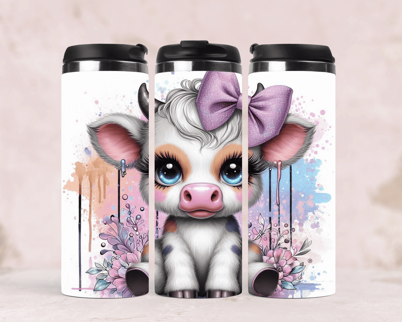 Edelstahlbecher Baby Kuh mit Schleife & Blumen