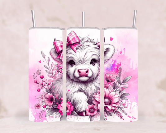 Thermobecher/Tumbler -Baby-Kuh mit Schleife & Blumen in Pink