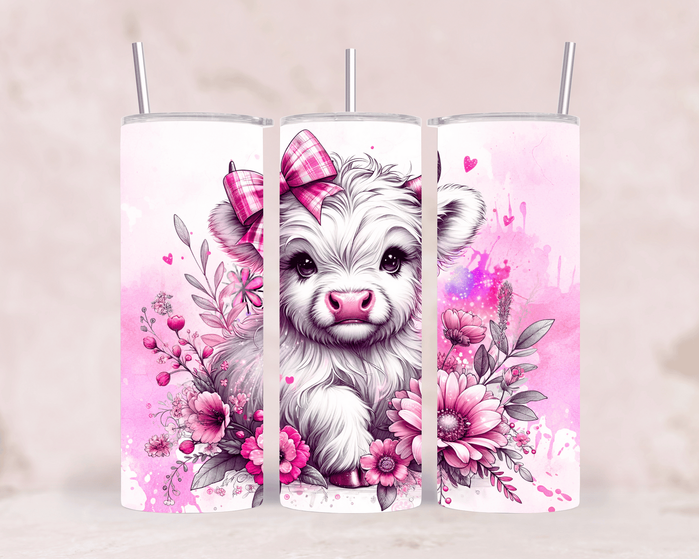 Thermobecher Baby Kuh mit Schleife & Blumen in Pink