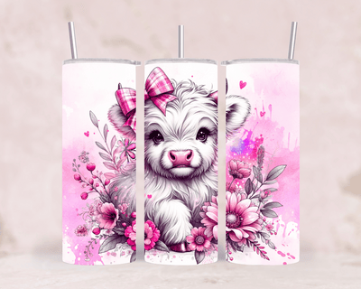 Thermobecher Baby Kuh mit Schleife & Blumen in Pink