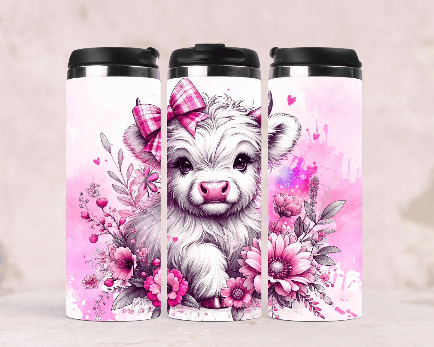 Thermobecher/Tumbler -Baby-Kuh mit Schleife & Blumen in Pink