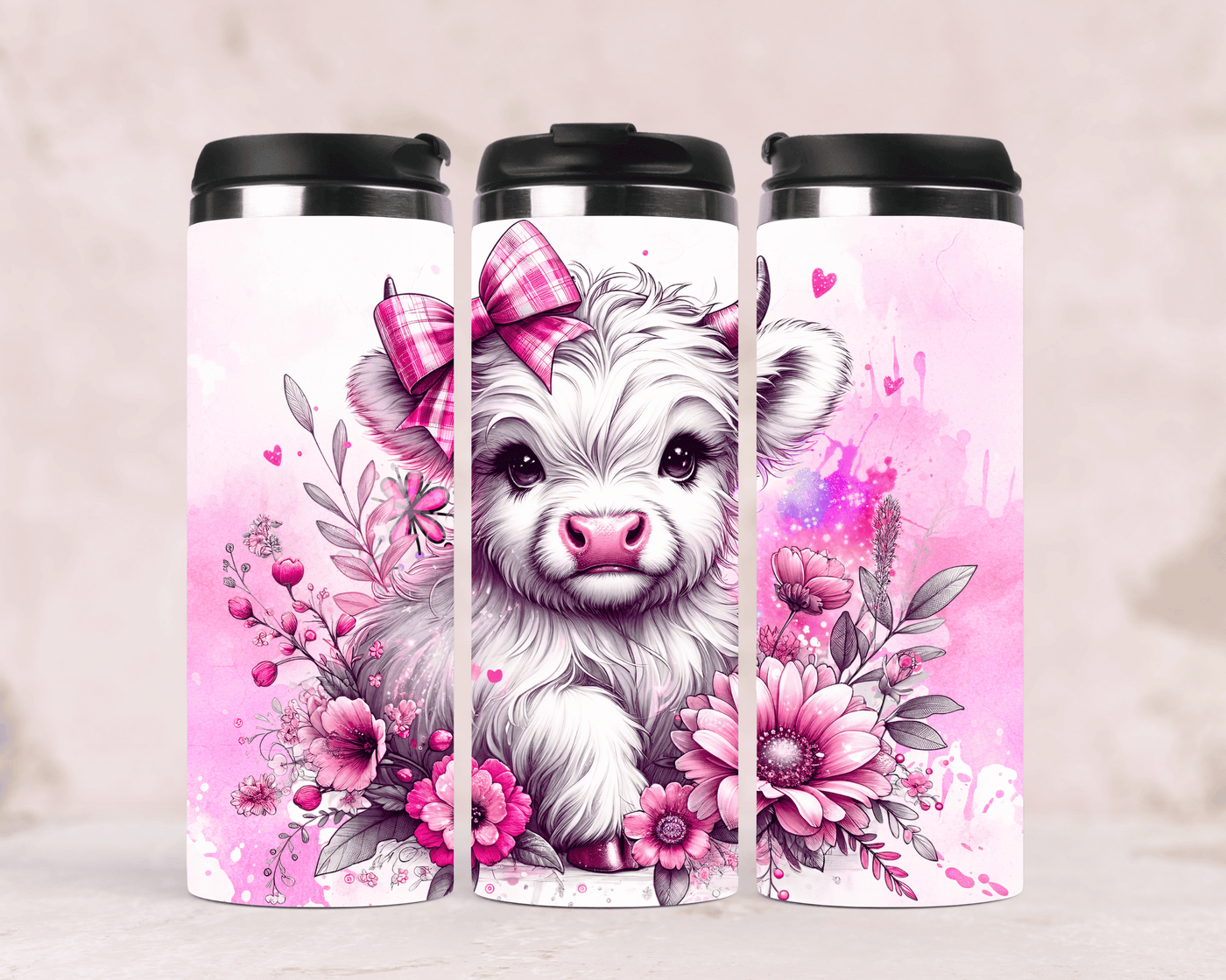 Edelstahlbecher Baby Kuh mit Schleife & Blumen in Pink