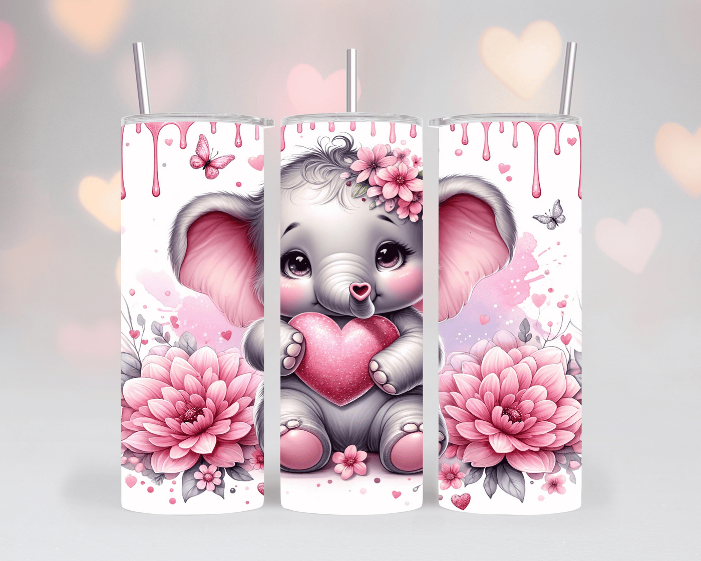 Thermobecher/Tumbler - Elefant mit Kuss & Blumen