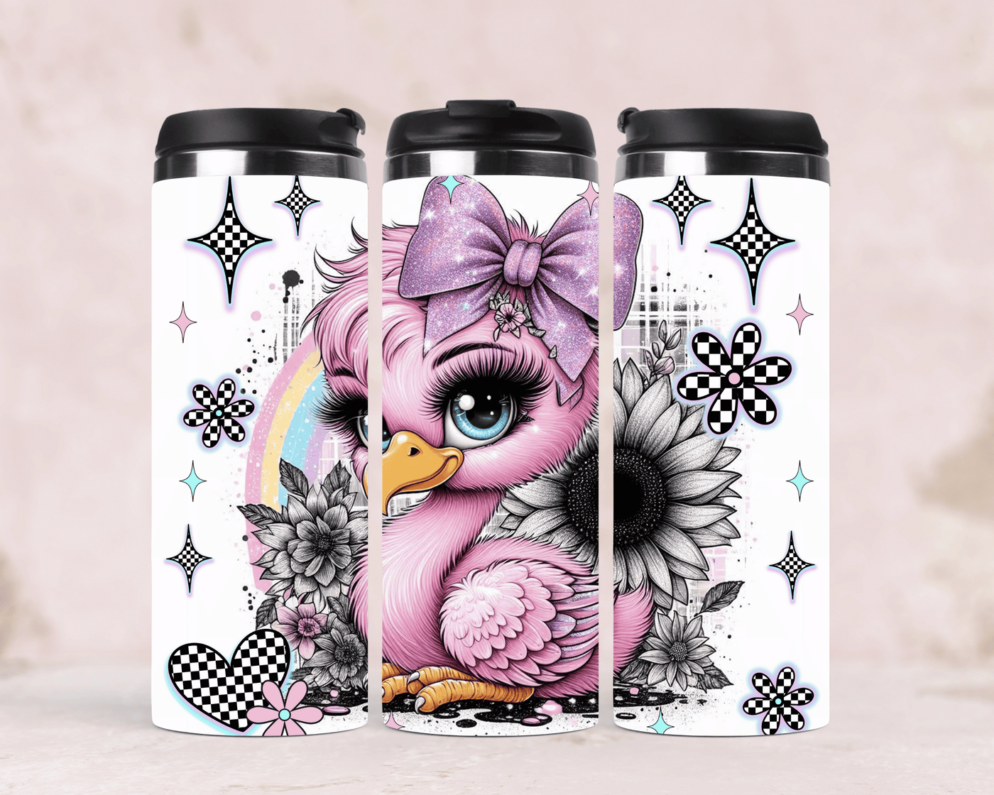 Thermobecher - Rosa Ente mit Schleifen, Sternen & Sonnenblume
