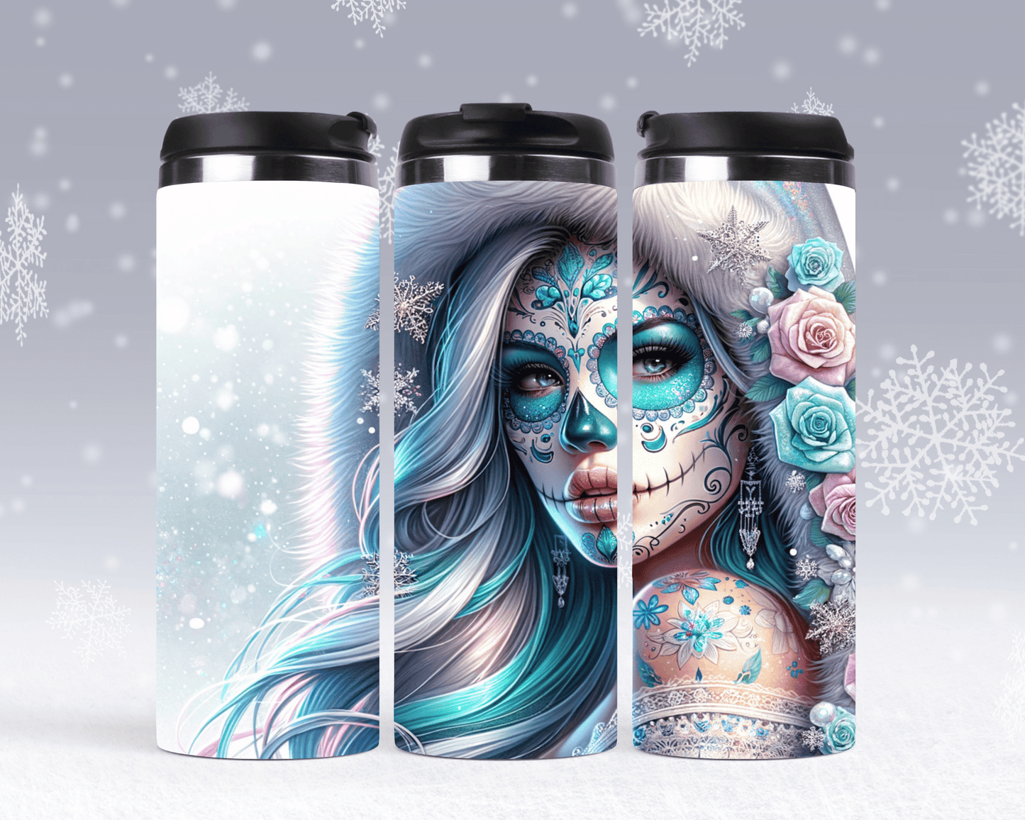 Thermobecher/Tumbler -Winter Blumen Totenkopf Mädchen