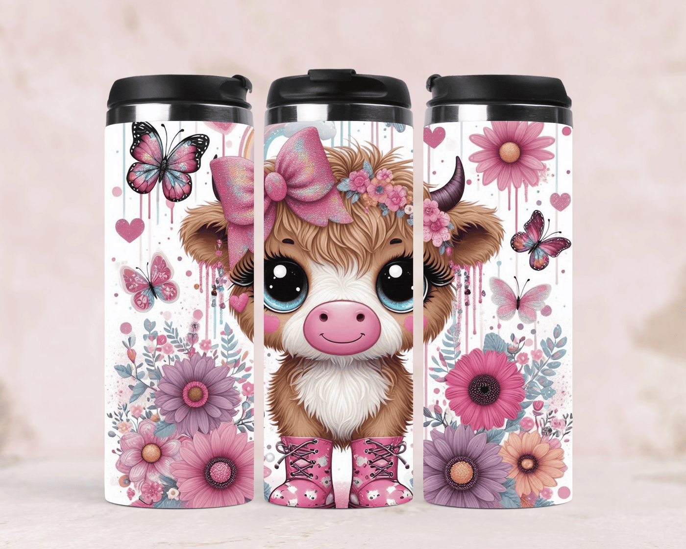 Edelstahlbecher Baby Kuh mit Schuhen, Schleifen & Sonnenblumen
