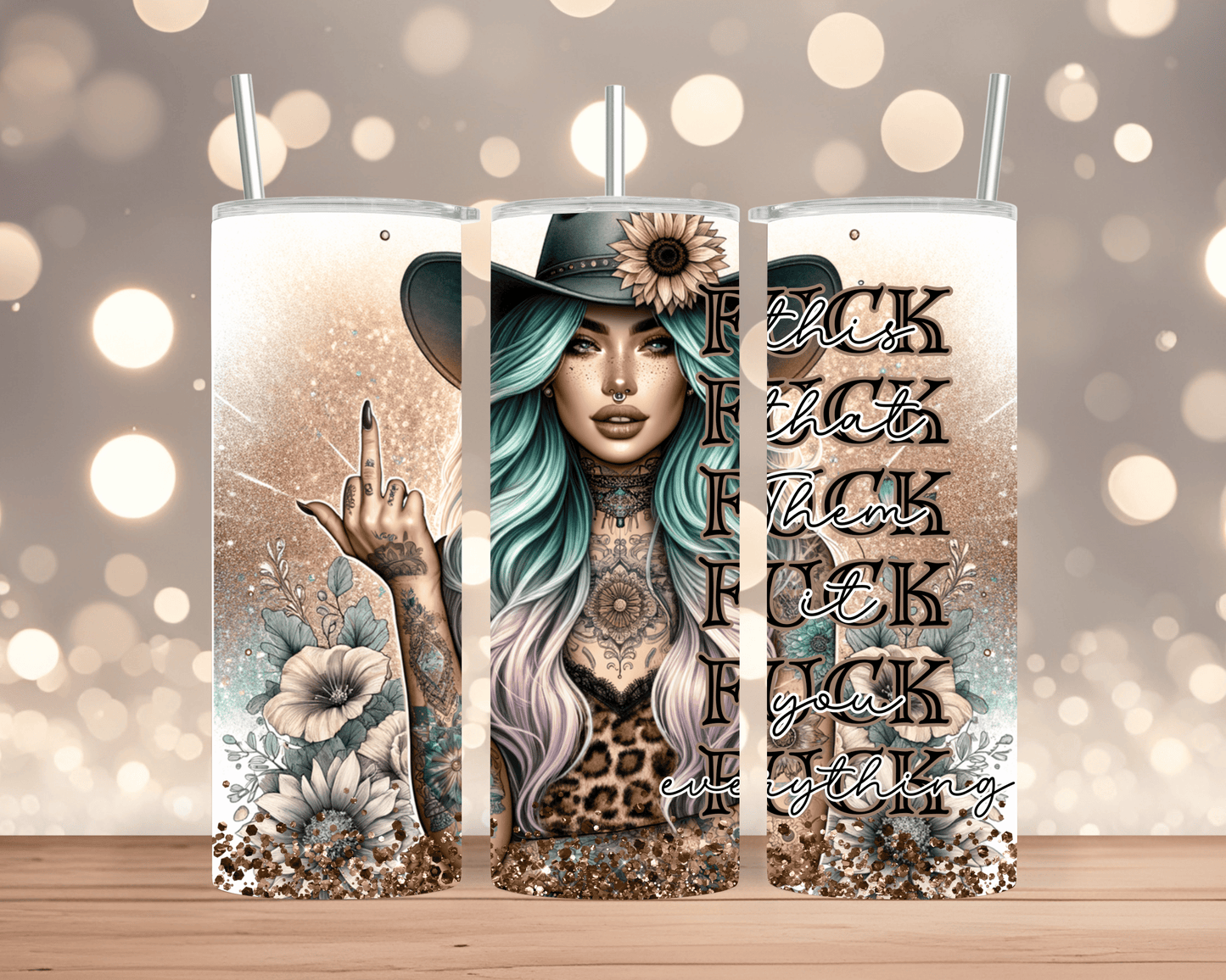 Thermobecher / Tumbler Frau mit Hut, Blumen & Spruch „Fuck“ (Edelstahl, 570 ml)