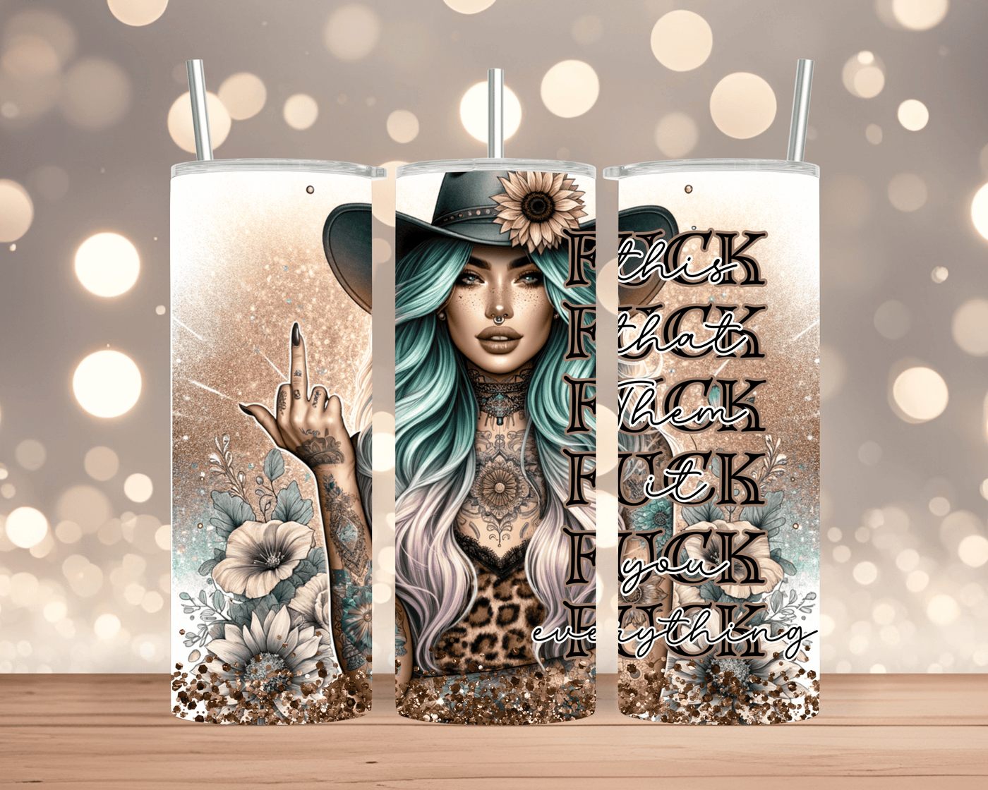Thermobecher / Tumbler Frau mit Hut, Blumen & Spruch „Fuck“ (Edelstahl, 570 ml)