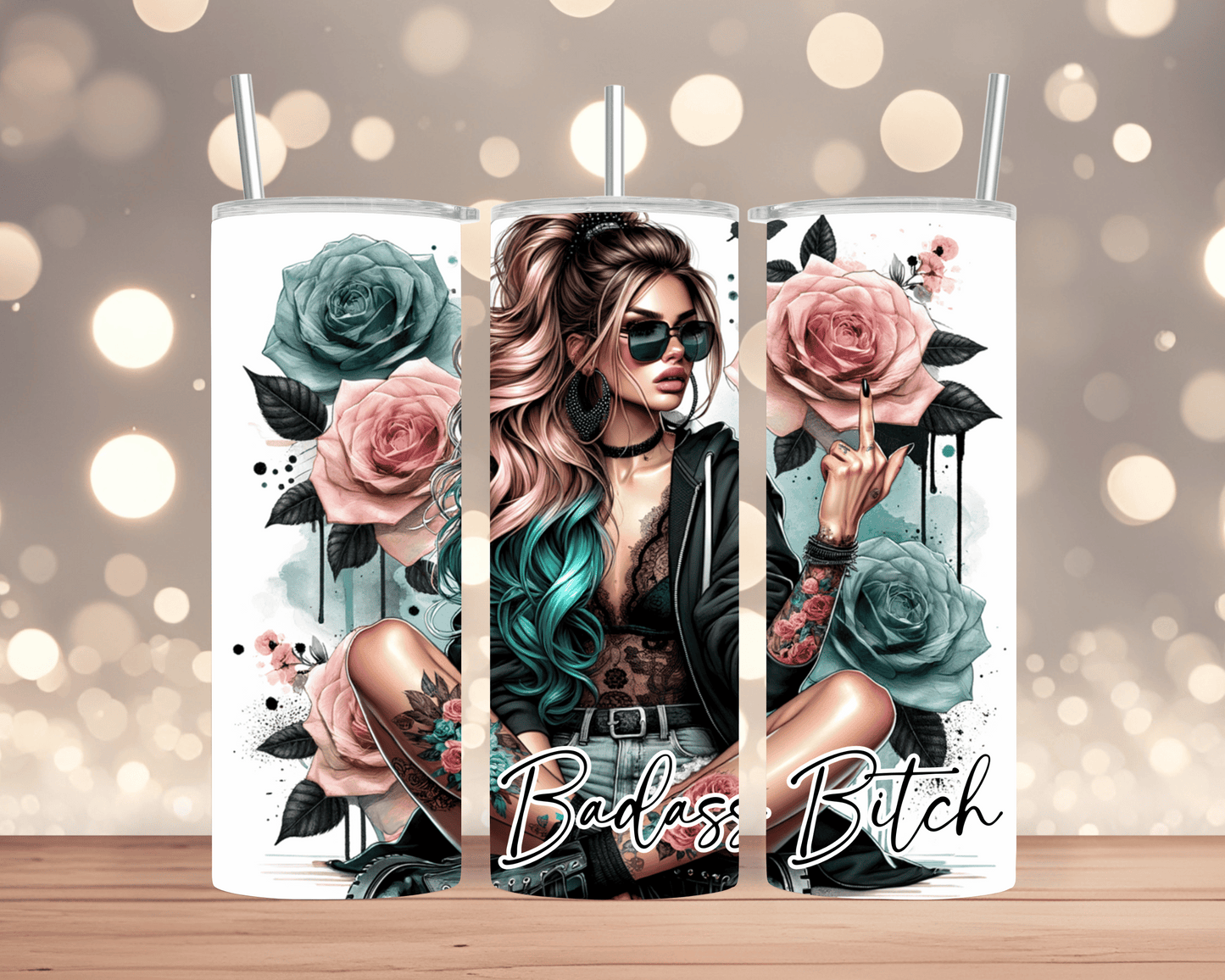 Thermobecher / Tumbler  Frau mit Hut, Rosen & Spruch „Badass Bitch“ (Edelstahl, 570 ml)