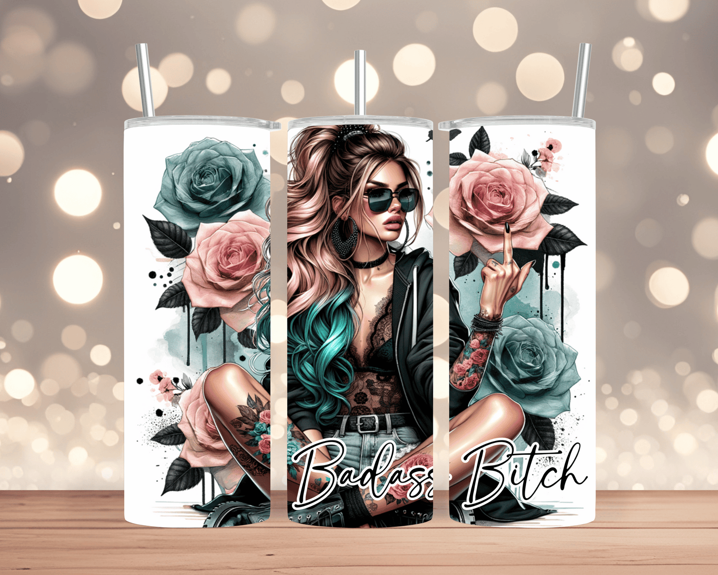 Thermobecher / Tumbler  Frau mit Hut, Rosen & Spruch „Badass Bitch“ (Edelstahl, 570 ml)