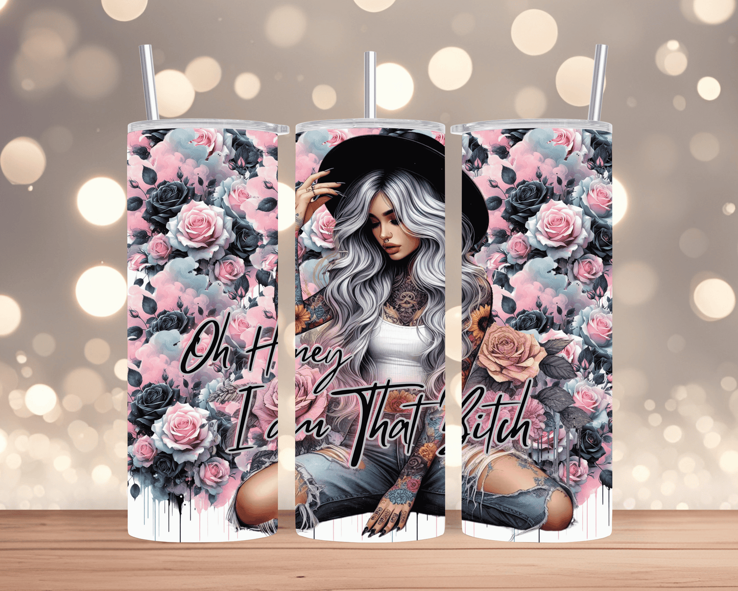 Thermobecher / Tumbler  Frau mit Hut, Sonnenblumen & Spruch (Edelstahl, 570 ml)