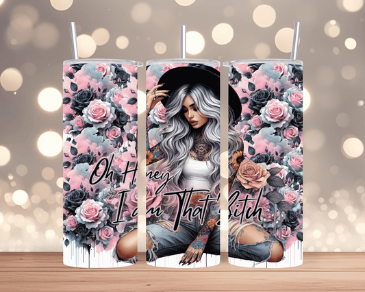 Thermobecher / Tumbler  Frau mit Hut, Sonnenblumen & Spruch (Edelstahl, 570 ml)
