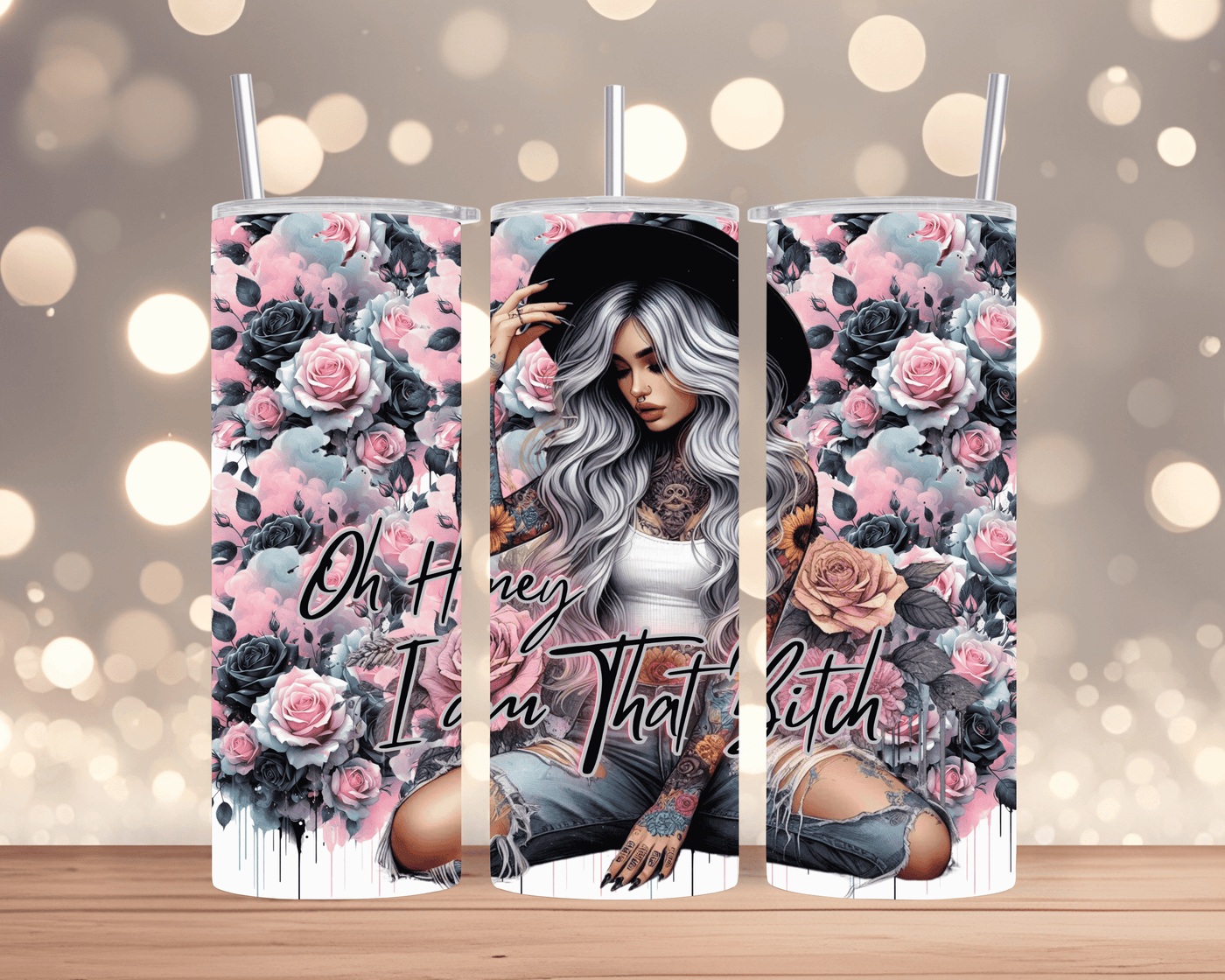 Thermobecher / Tumbler  Frau mit Hut, Sonnenblumen & Spruch (Edelstahl, 570 ml)