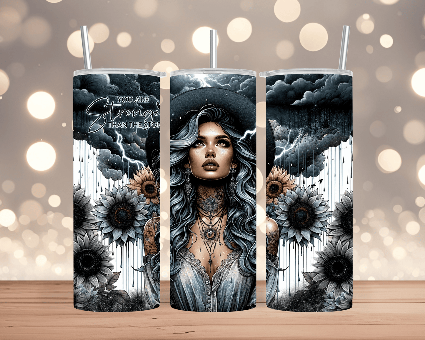 Thermobecher / Tumbler Frau mit Hut, Sonnenblumen & Spruch „You are stronger than the storm“ (Edelstahl, 570 ml)