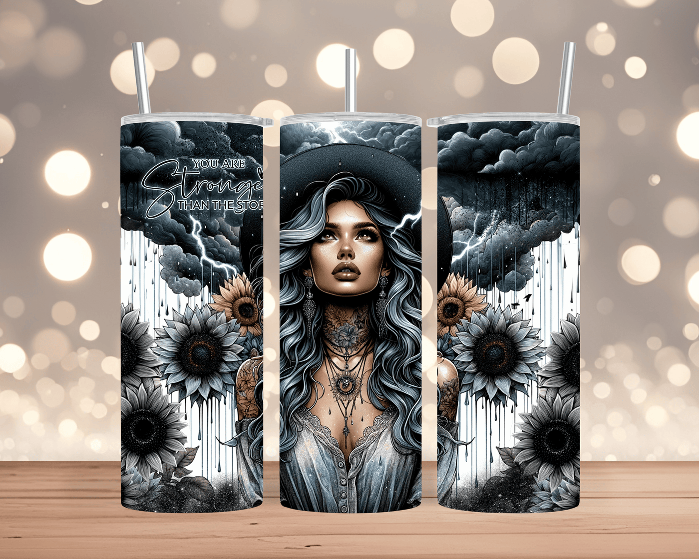 Thermobecher / Tumbler Frau mit Hut, Sonnenblumen & Spruch „You are stronger than the storm“ (Edelstahl, 570 ml)