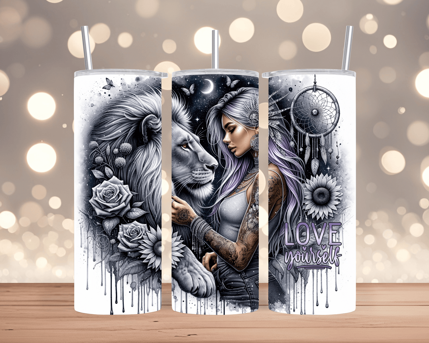 Thermobecher / Tumbler Frau mit Löwen, Blumen & Spruch „Love Yourself“ (Edelstahl, 570 ml)