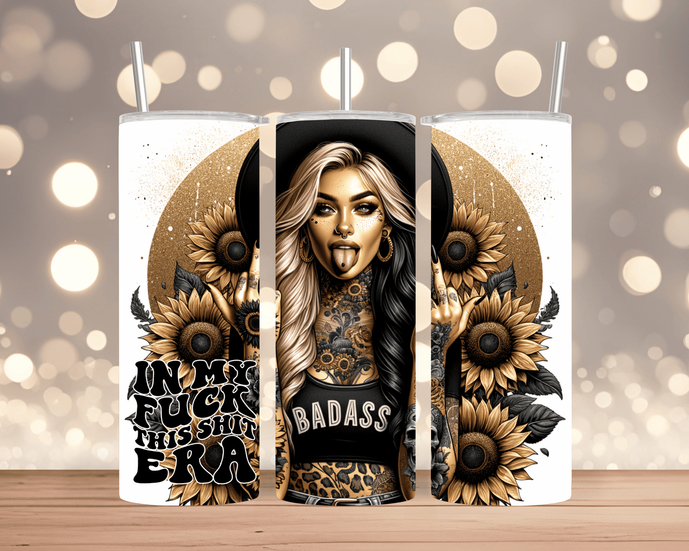 Thermobecher / Tumbler Frau mit MittelfingerGeste, Sonnenblumen & Spruch „In my fuck this shit era“ (Edelstahl, 570 ml)