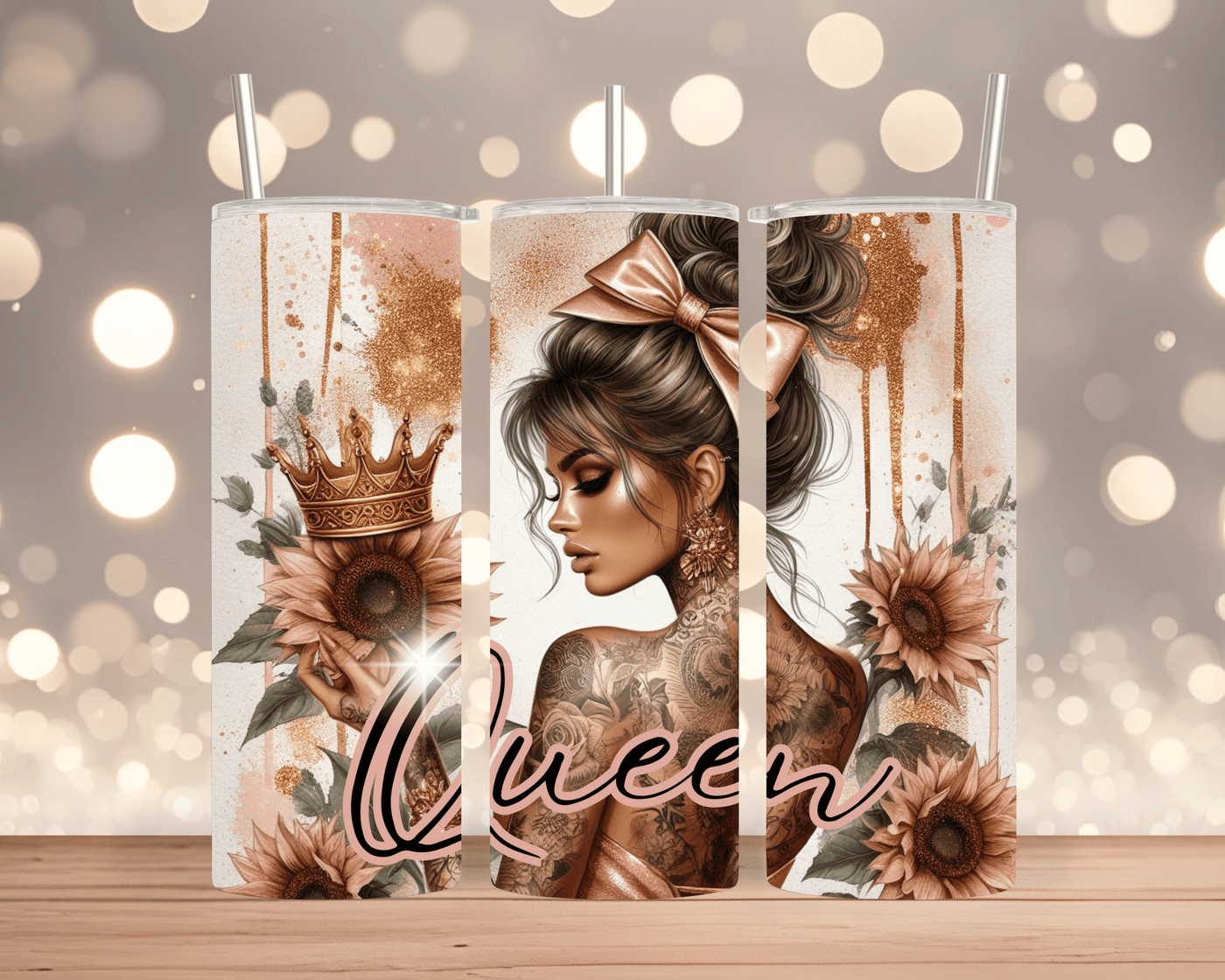Thermobecher / Tumbler  Frau mit Schleife, Sonnenblume, Krone & Queen Motiv (Edelstahl, 570 ml)