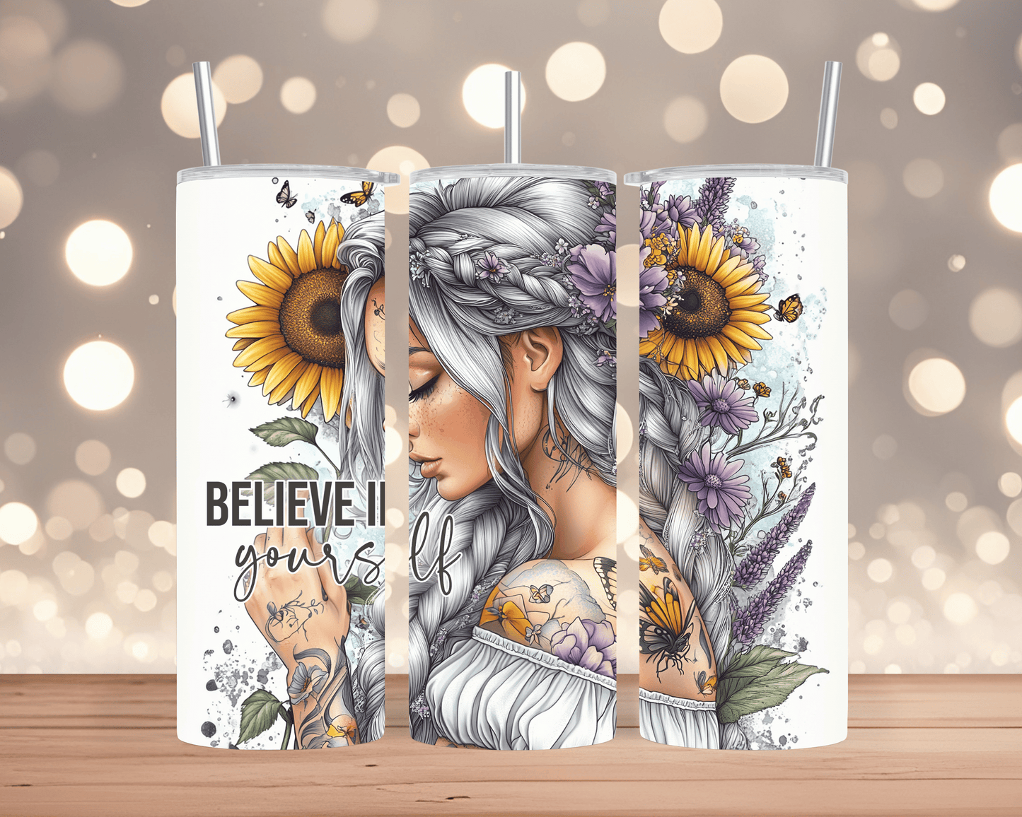 Thermobecher / Tumbler Frau mit Sonnenblume & Spruch  (Edelstahl, 570 ml)
