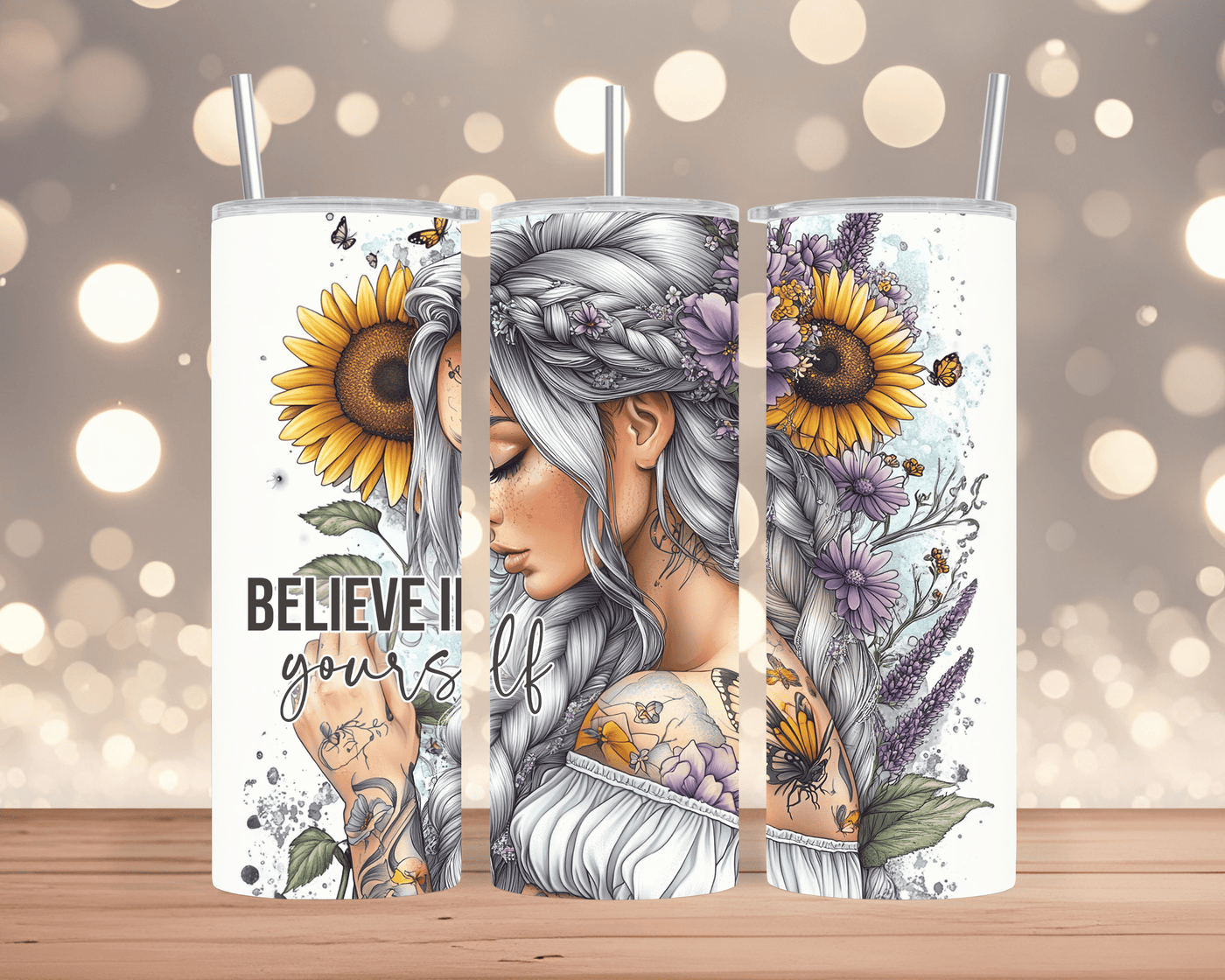 Thermobecher / Tumbler Frau mit Sonnenblume & Spruch  (Edelstahl, 570 ml)