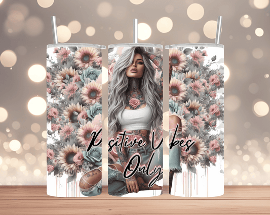 Thermobecher / Tumbler  Frau mit Sonnenblumen & Spruch „Positive Vibes Only“ (Edelstahl, 570 ml)