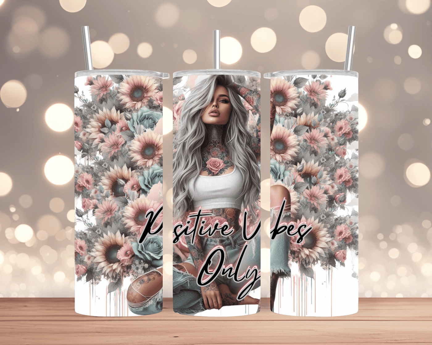 Thermobecher / Tumbler  Frau mit Sonnenblumen & Spruch „Positive Vibes Only“ (Edelstahl, 570 ml)