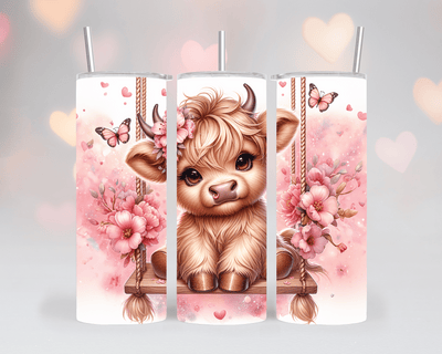 Thermobecher/Tumbler Highland Cow auf Schaukel“-Pfingstrosen & Schmetterlinge