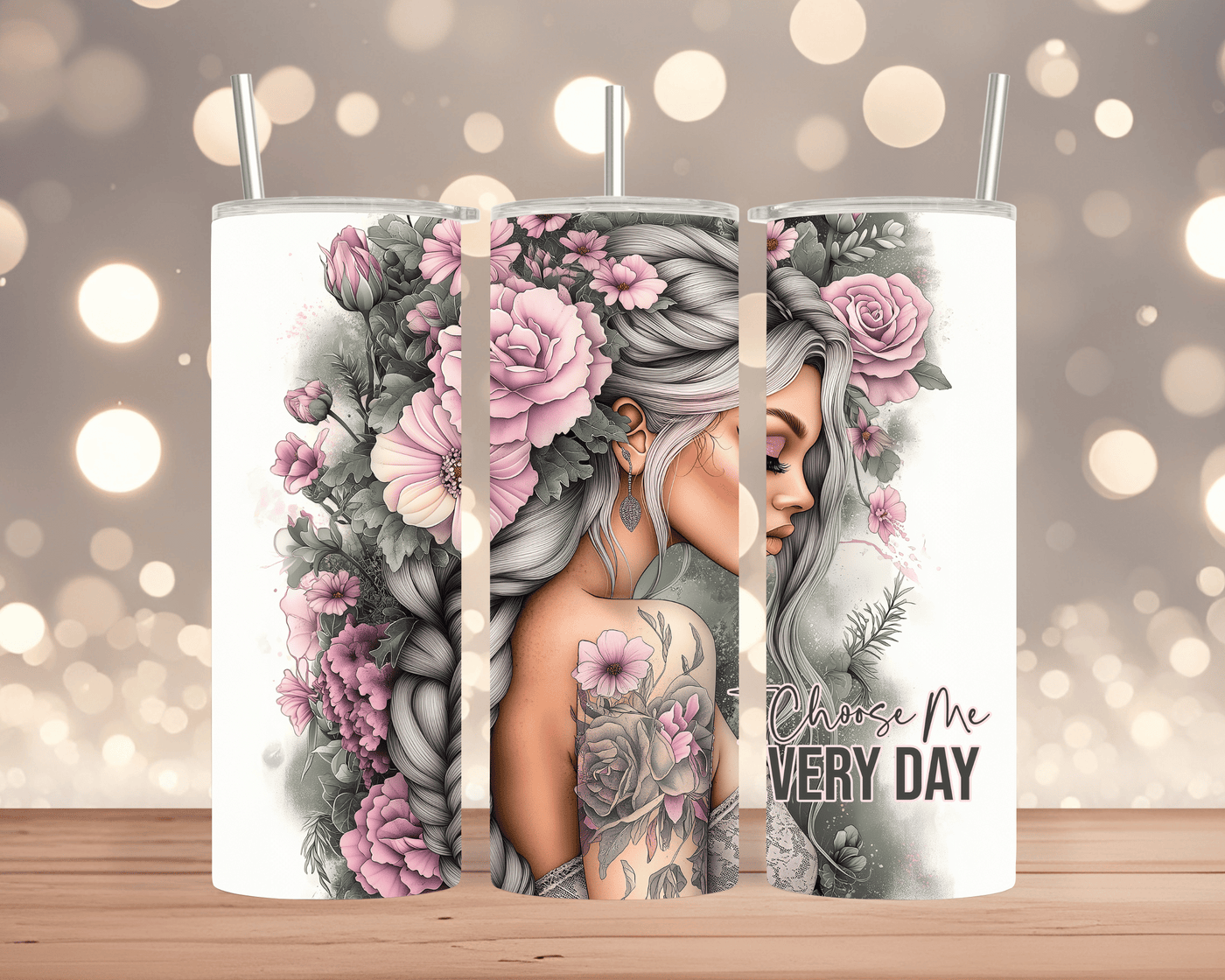Thermobecher / Tumbler Hübsche tätowierte Frau mit Blumen & Spruch (Edelstahl, 570 ml)