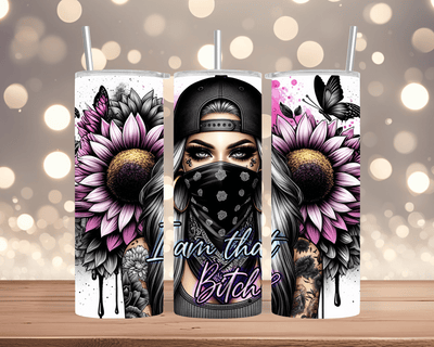 Thermobecher „I Am That Bitch“  Woman mit Sonnenblume & Schmetterling