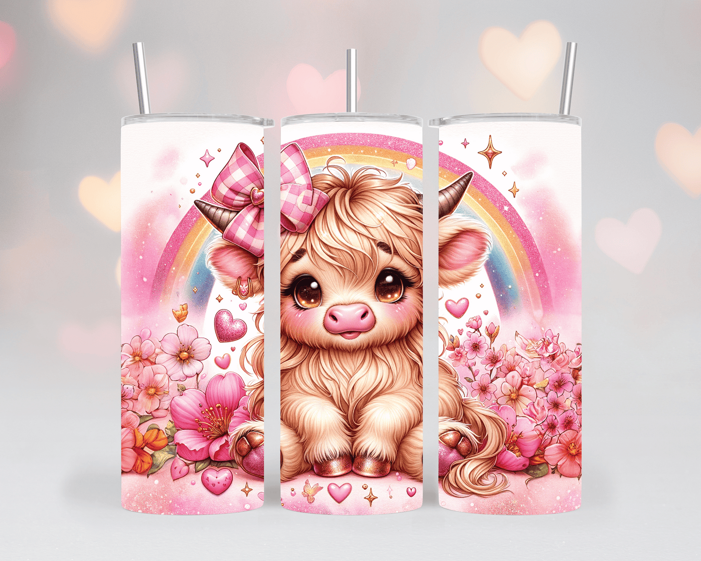 Thermobecher/Tumbler Rainbow Cow“-Pink, Blumen & Magie