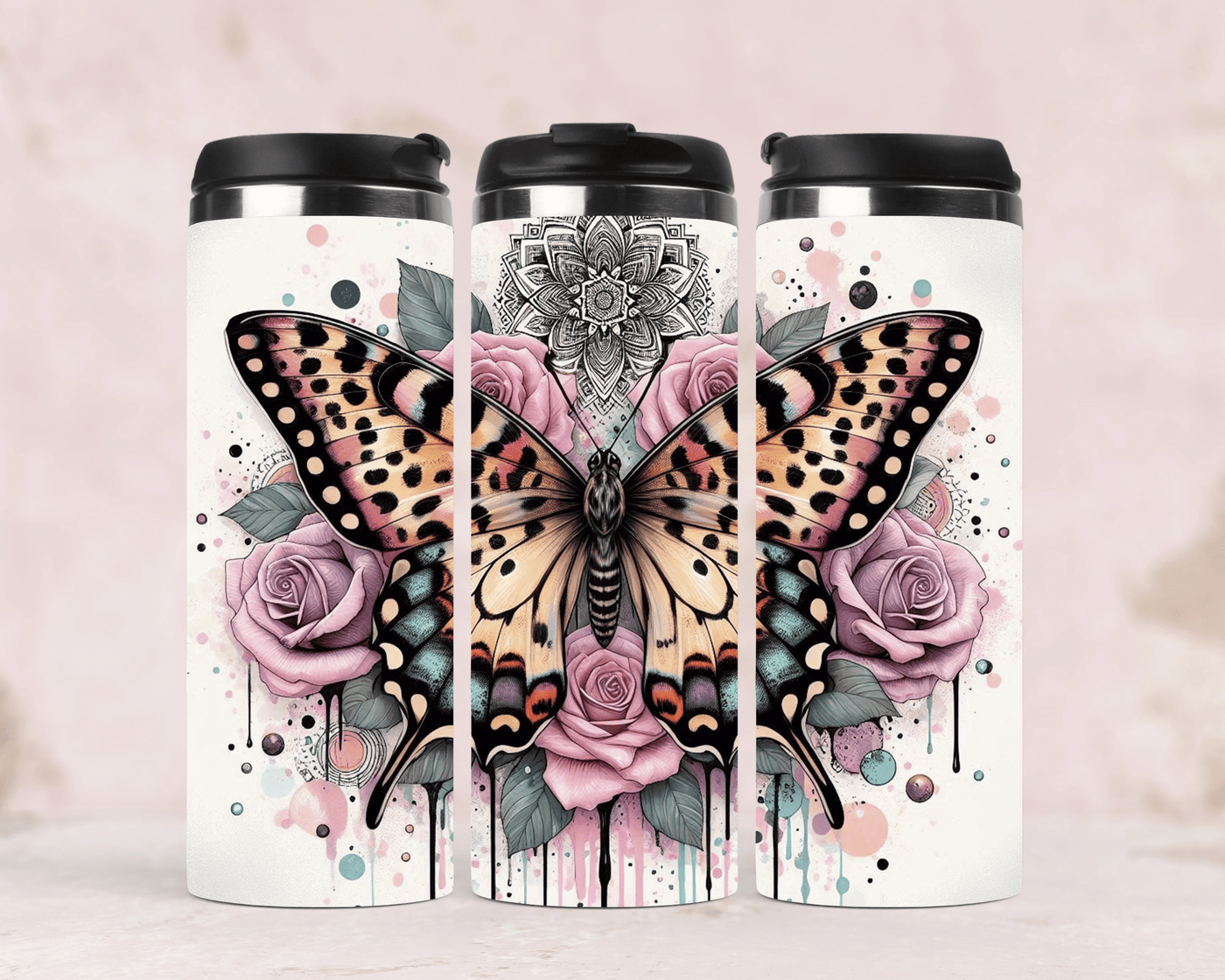 Edelstahlbecher Schmetterling & Rosa Rosen