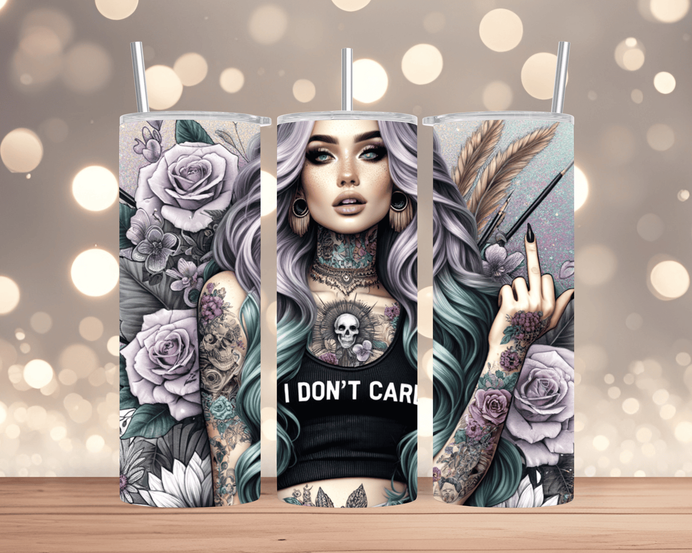 Thermobecher / Tumbler Tätowierte Frau, Mittelfinger & Spruch „I don’t care / Es ist mir egal“ (Edelstahl, 570 ml)
