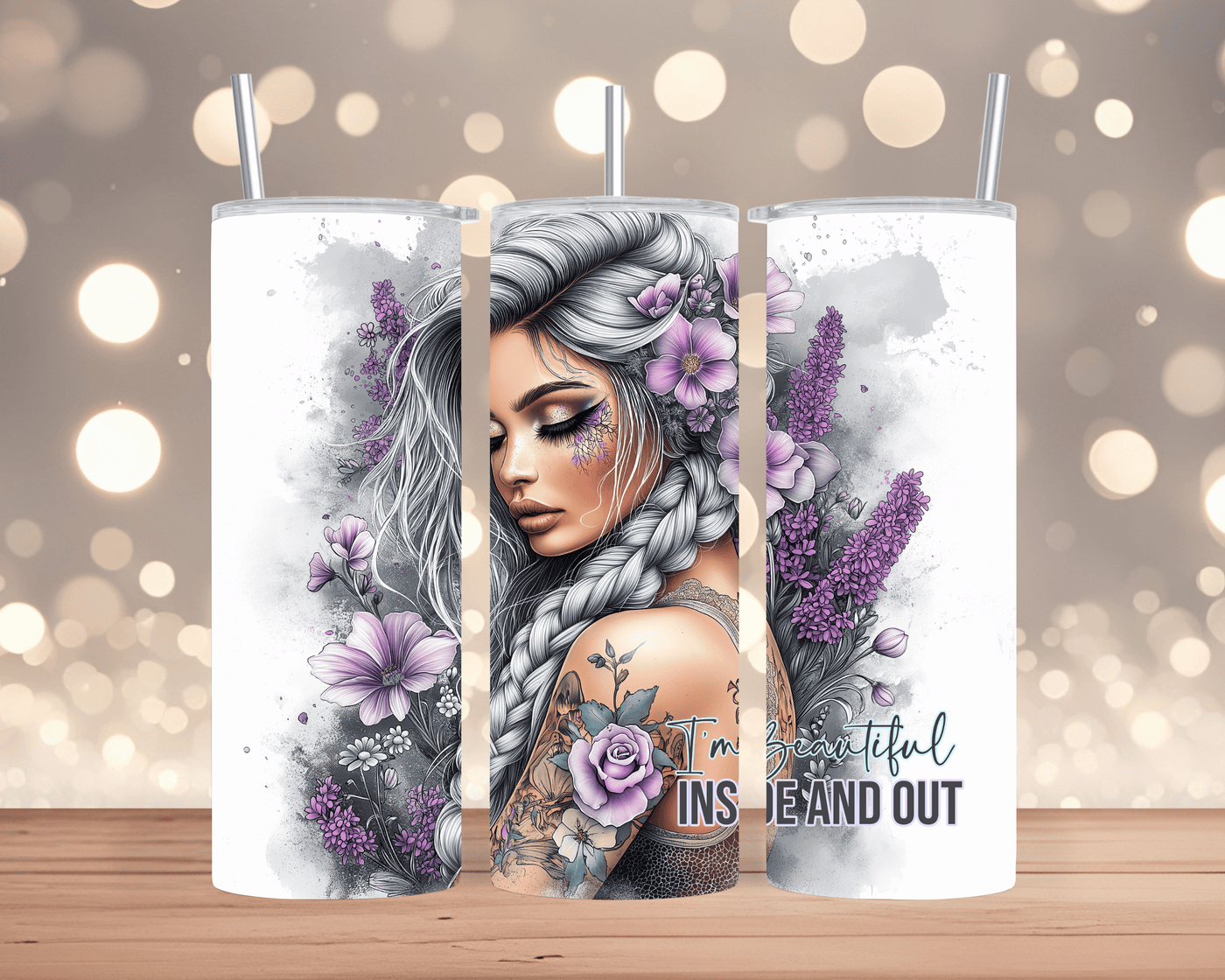 Thermobecher / Tumbler Tätowierte Frau mit Blumen & Spruch  (Edelstahl, 570 ml)
