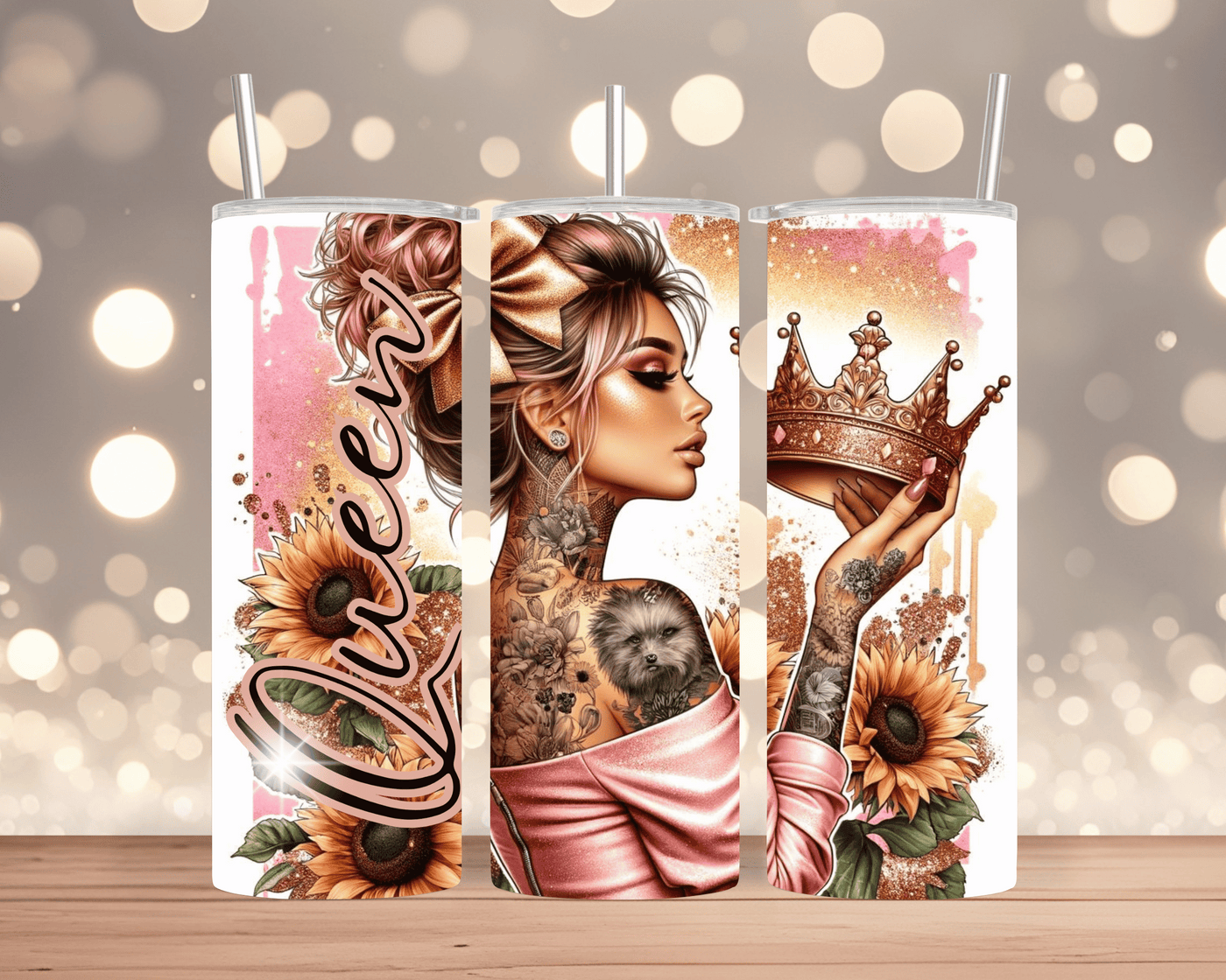 Thermobecher / Tumbler Tätowierte Frau mit Krone & Schriftzug „Queen“ (Edelstahl, 570 ml)