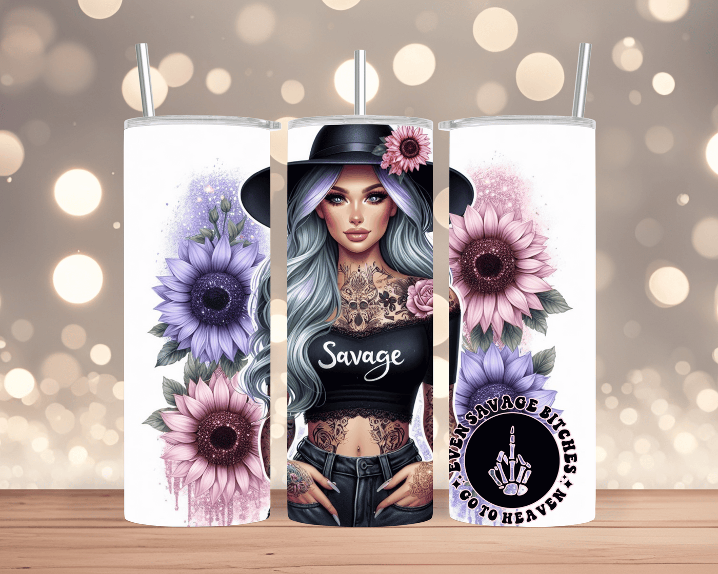 Thermobecher / Tumbler Tätowierte Frau mit Sonnenblume & Bitch-Spruch (Edelstahl, 570 ml)