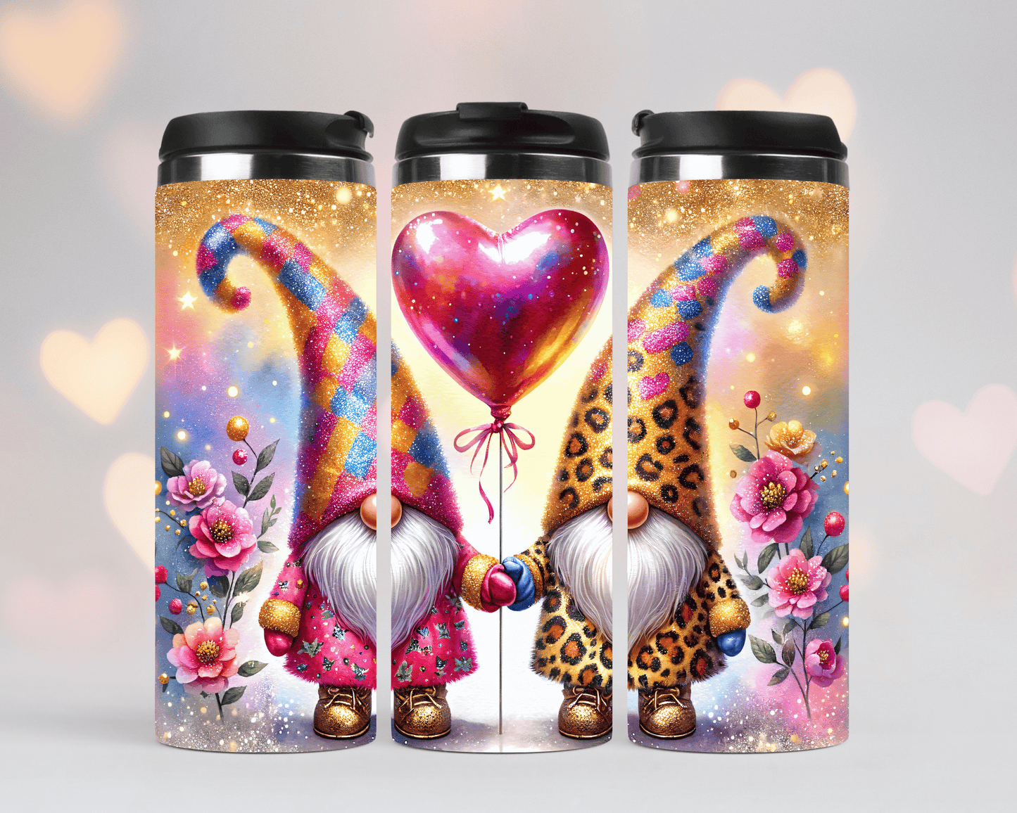Thermobecher/Tumbler/Tasse 2 Valentine Gnome mit Herzluftballon & Blumen