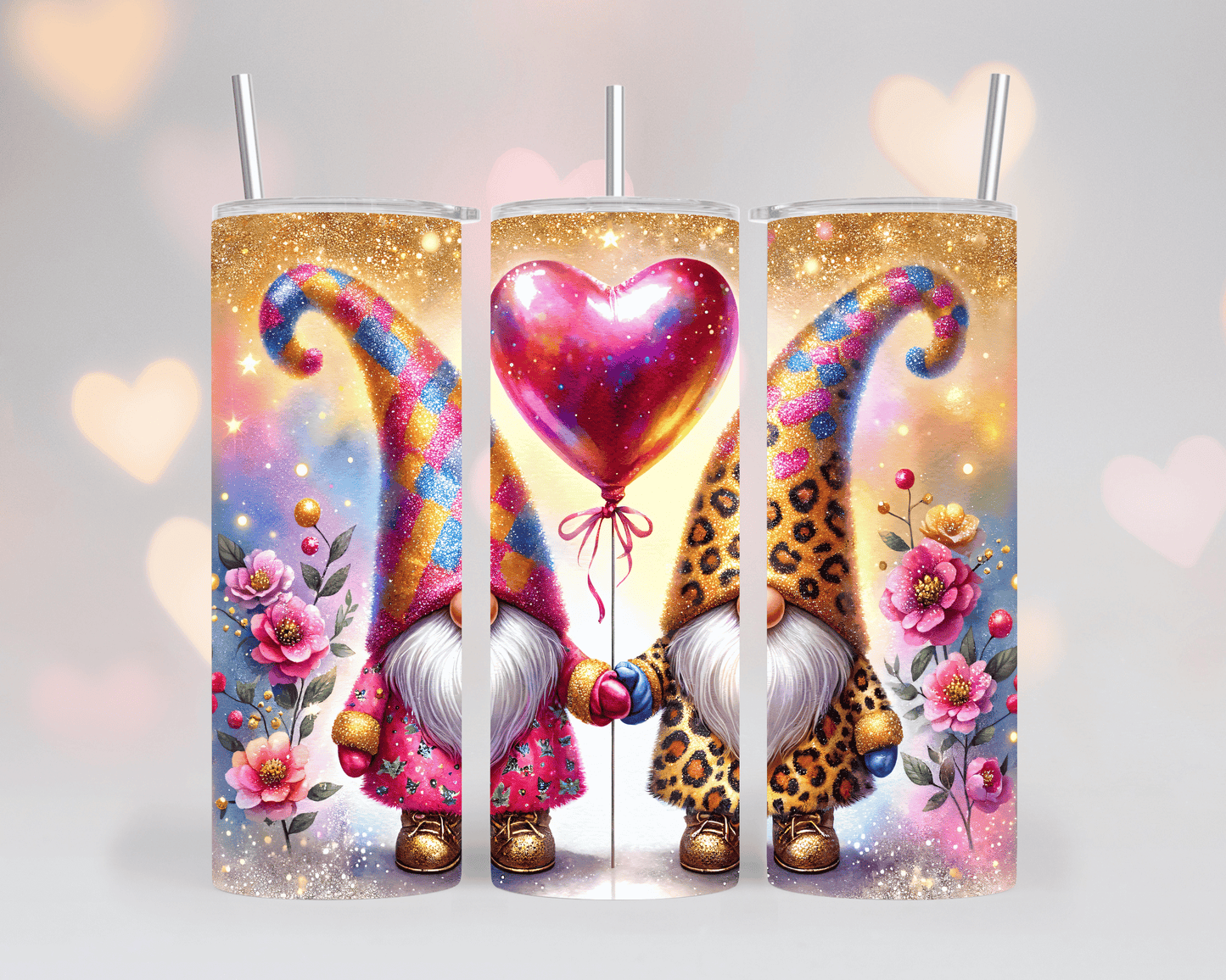 Thermobecher/Tumbler/Tasse 2 Valentine Gnome mit Herzluftballon & Blumen