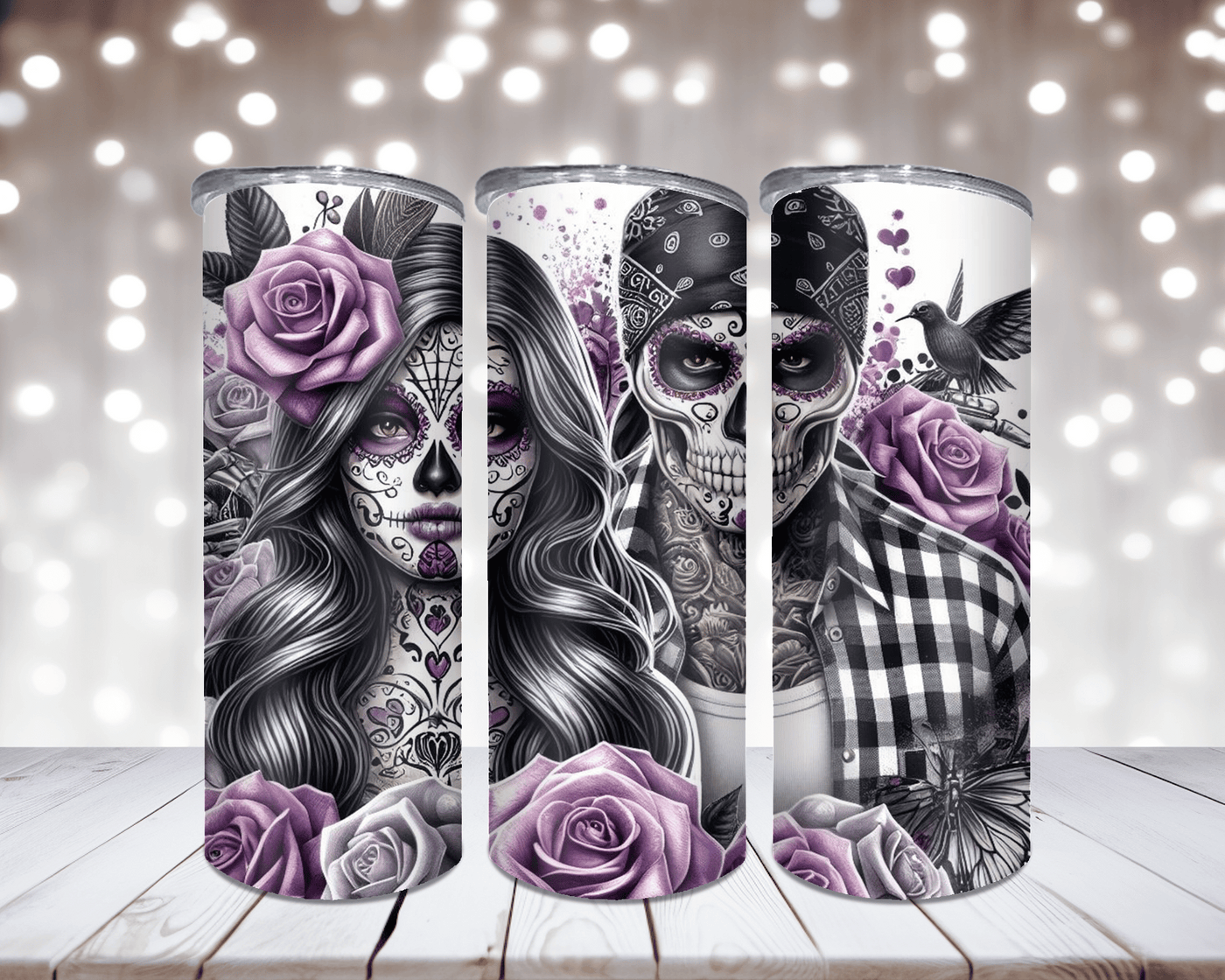 Thermobecher „Sugar Skull Paar, Rosen, Lila“