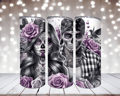 Thermobecher „Sugar Skull Paar, Rosen, Lila“