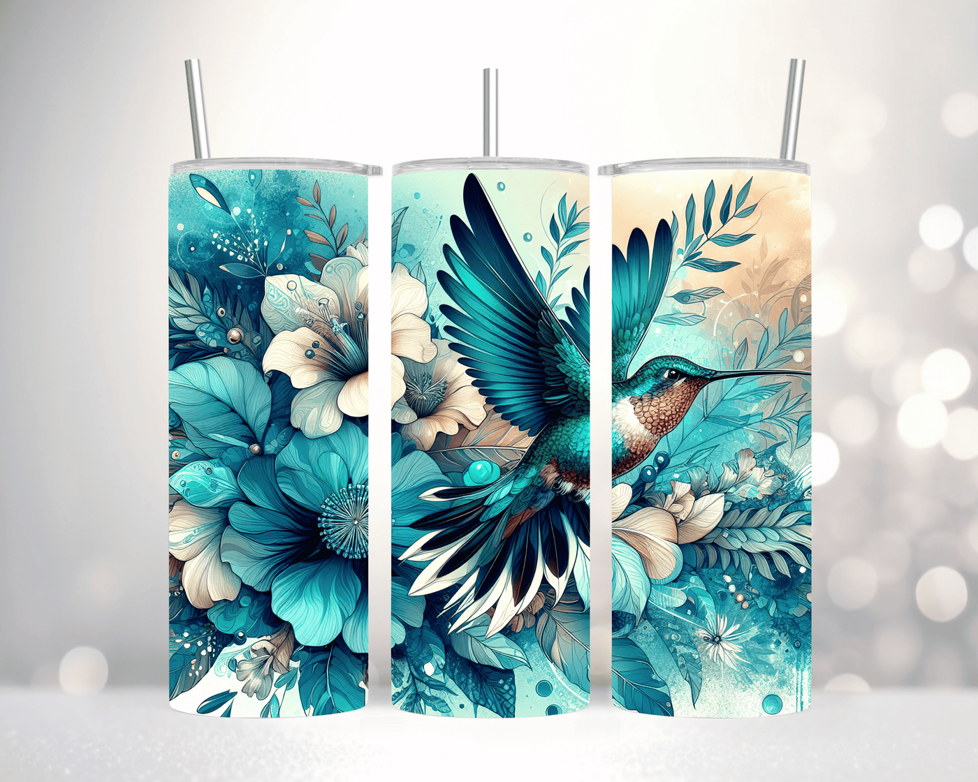 Thermobecher / Tumbler „Blauer Kolibri mit Blumen“ (Edelstahl, 570 ml)