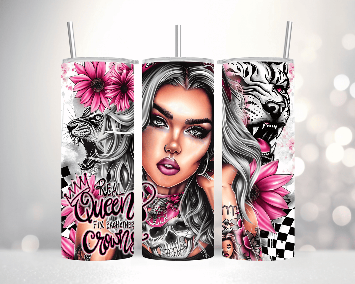Thermobecher / Tumbler „Queen mit Sonnenblumen“ (Edelstahl, 570 ml)