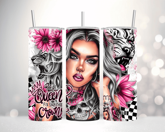 Thermobecher / Tumbler „Queen mit Sonnenblumen“ (Edelstahl, 570 ml)