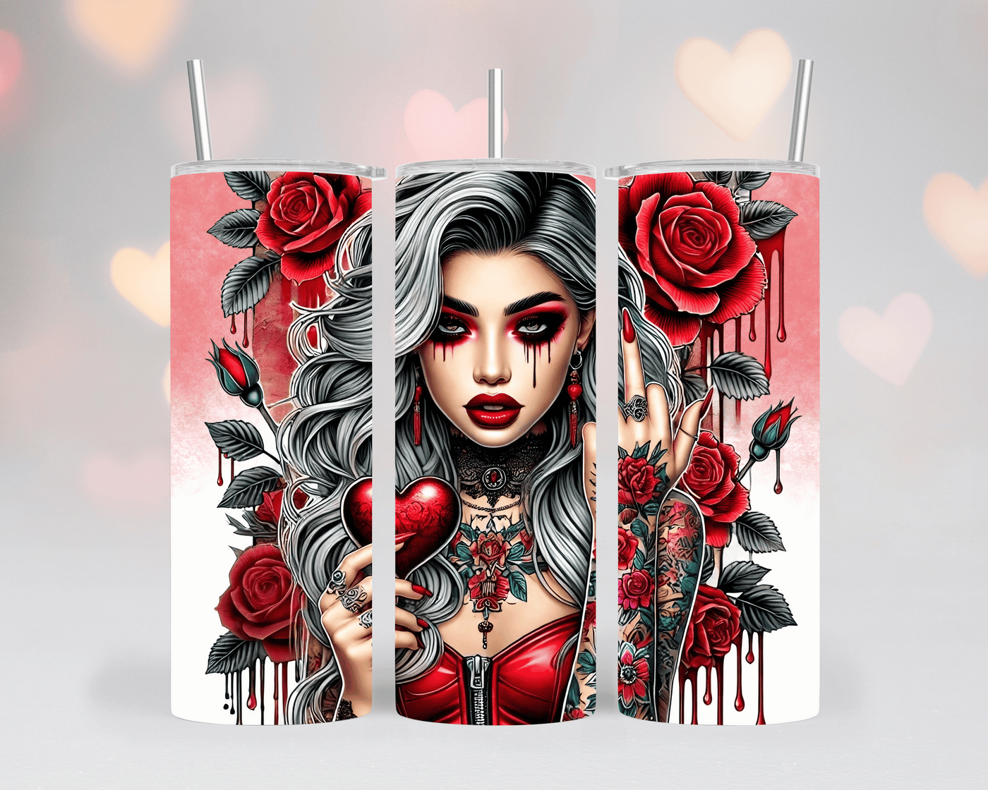 Thermobecher/Tumbler„Tattooed Woman with Roses & Middle Finge