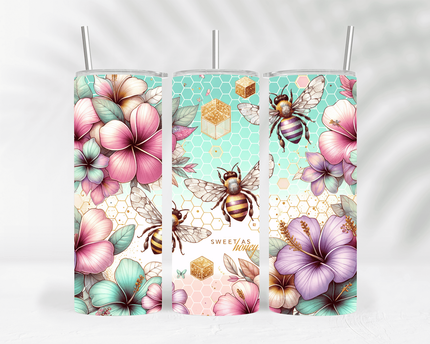 Thermobecher / Tumbler mit Hibiskusblume & Bienen