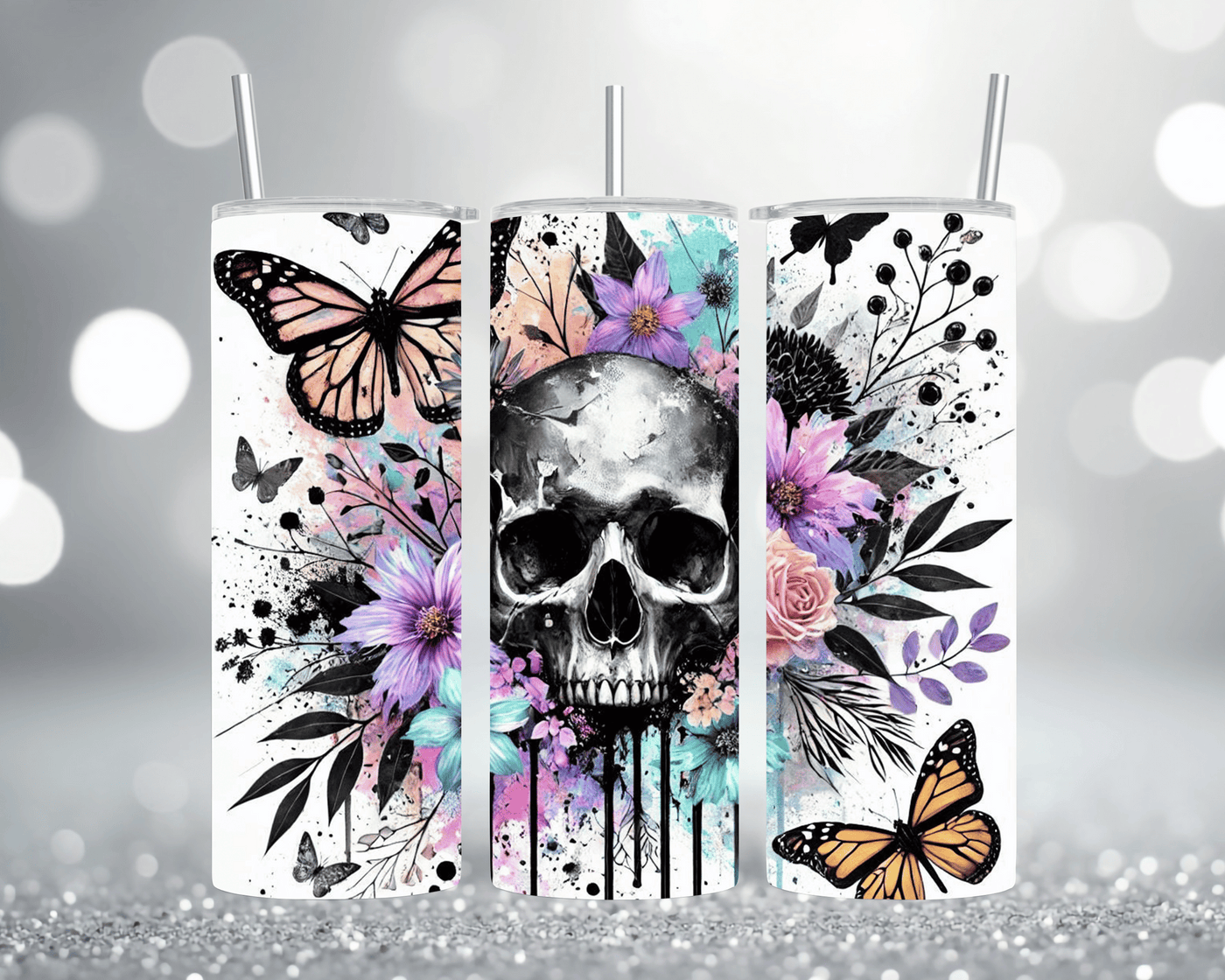 Thermobecher Tumbler mit Motiv: Moderner Totenkopf mit Blumen  Edelstahlbecher 570 ml
