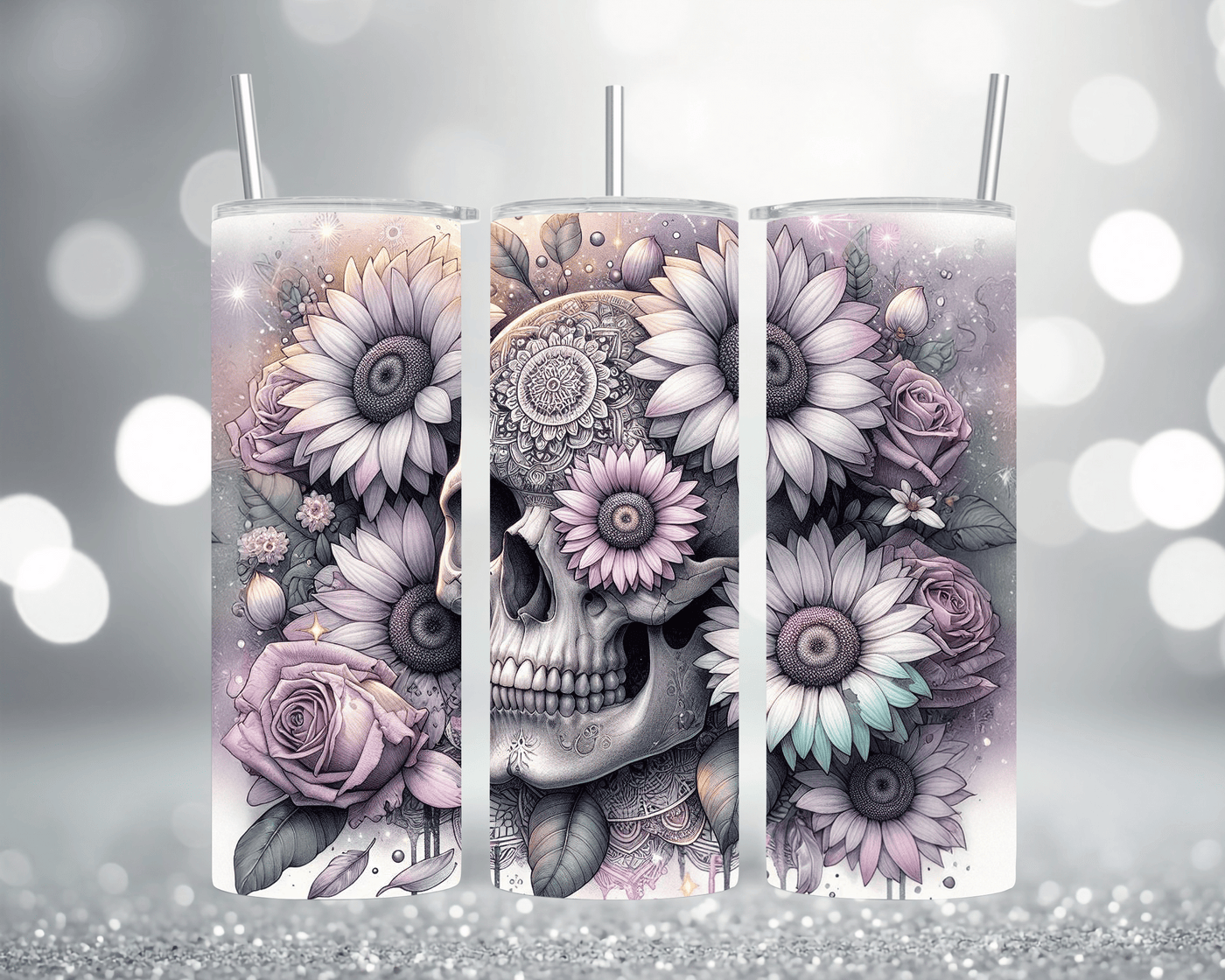 Thermobecher Tumbler mit Motiv: Skull Floral Boho Mandala  Edelstahlbecher 570 ml