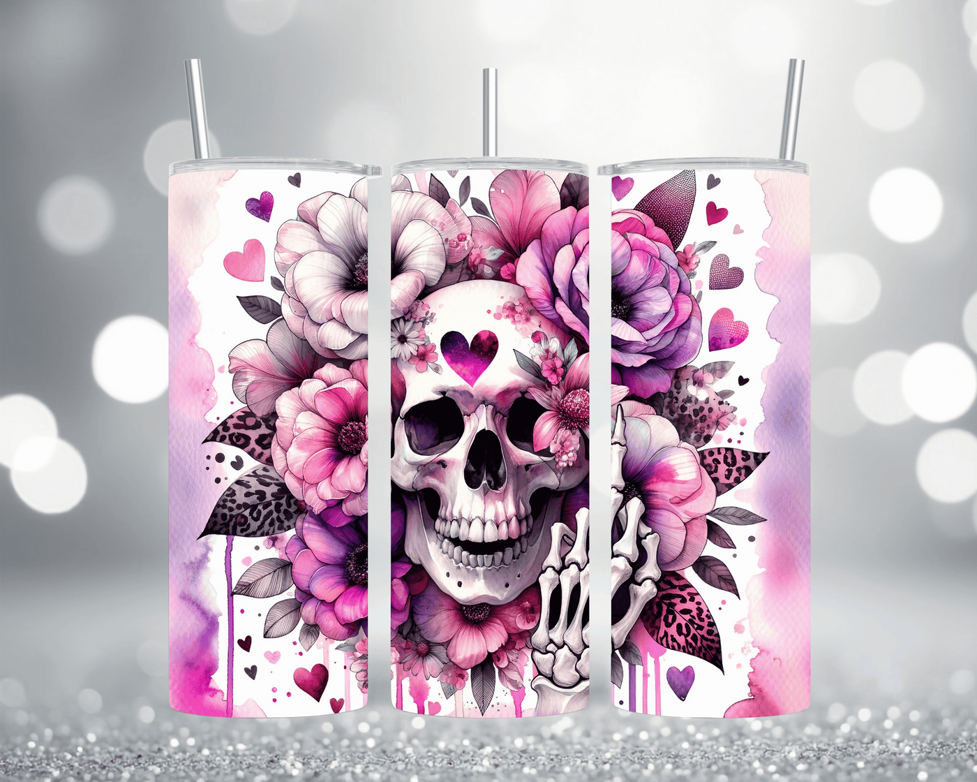 Thermobecher Tumbler mit Motiv: Skull, Mittelfinger, Blumen & Herzen  Edelstahlbecher 570 ml