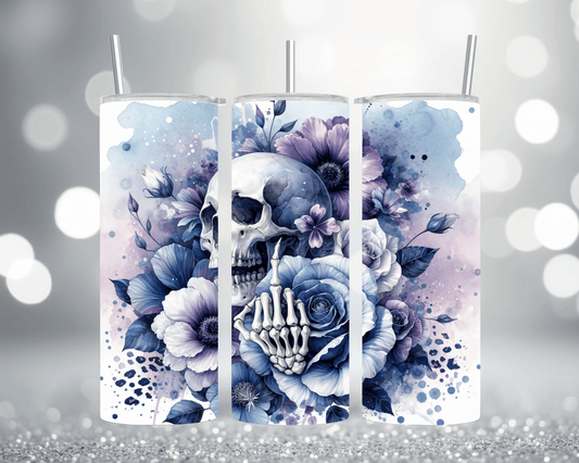 Thermobecher Tumbler mit Motiv: Skull, Mittelfinger, Leopardenmuster & lila Blumen Edelstahlbecher 570 ml
