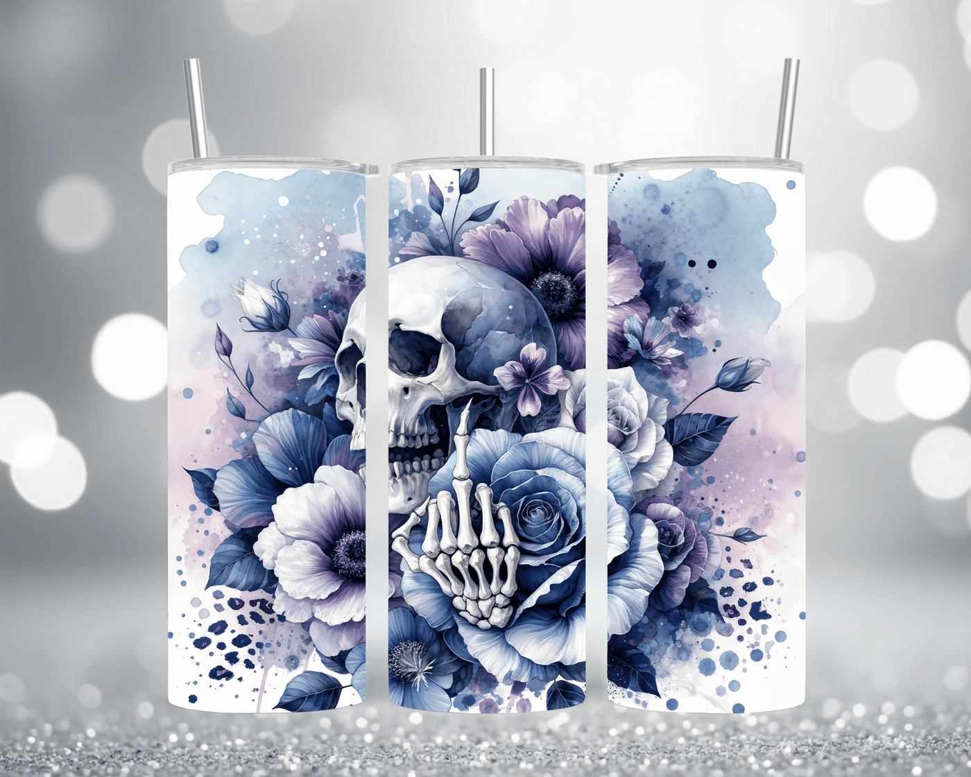 Thermobecher Tumbler mit Motiv: Skull, Mittelfinger, Leopardenmuster & lila Blumen Edelstahlbecher 570 ml